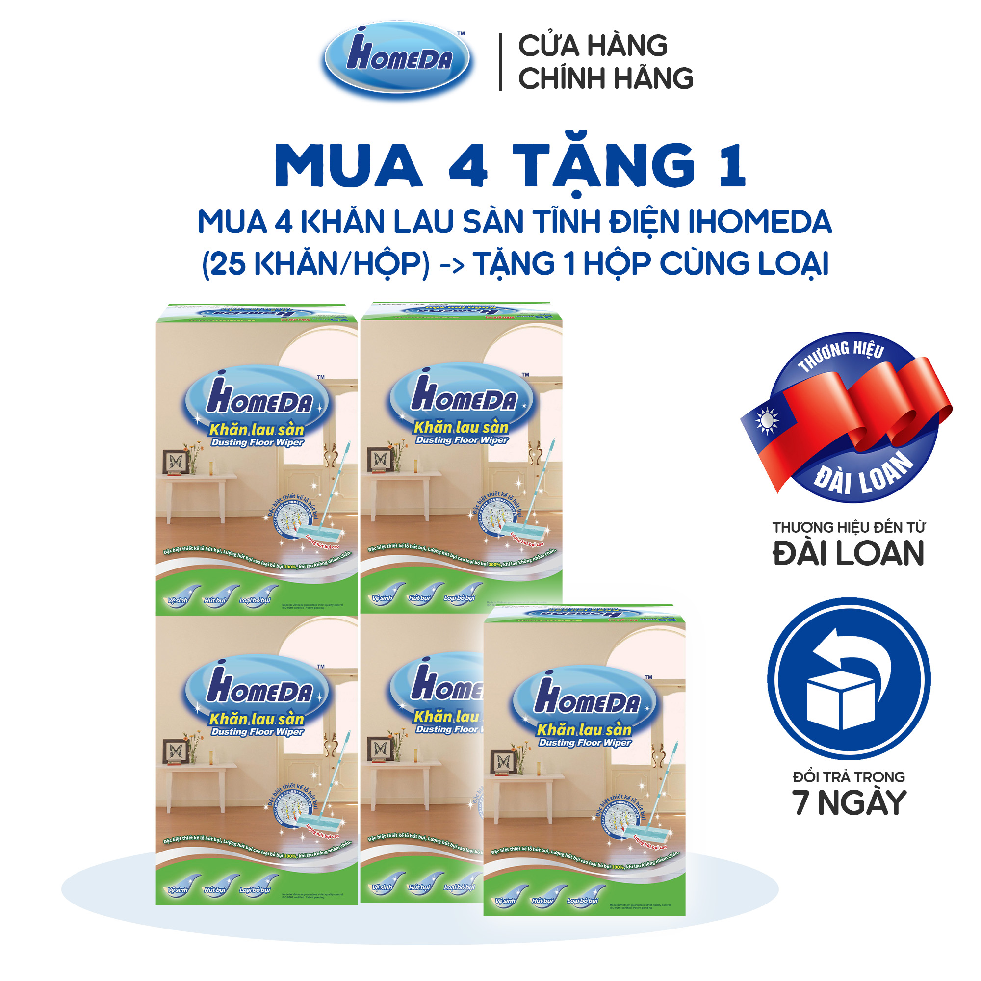 [MUA 4 TẶNG 1] Khăn Lau Sàn Hút Bụi iHomeDa (25 Khăn/ Hộp)