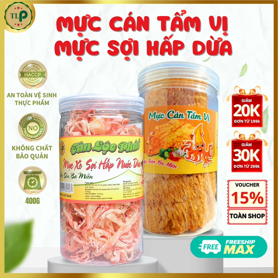 Mực sợi hấp nước dừa và mực cán tẩm vị tân lộc phát combo 2 hũ - mỗi hũ 200g