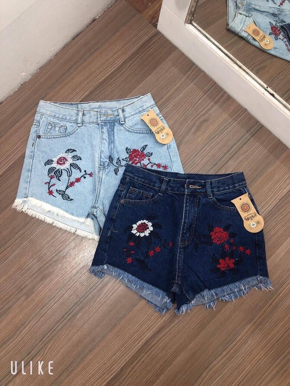 Quần short jean nữ thêu hoa cực đẹp a1