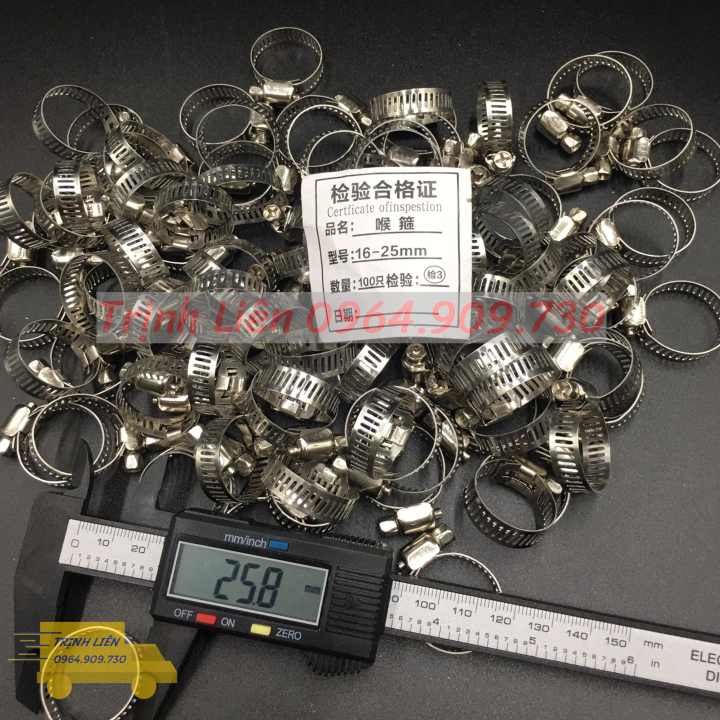Túi đai siết quai nhê inox 100 cái , Đai xiết ống các loại inox siết cổ dê cỡ 16x25mm