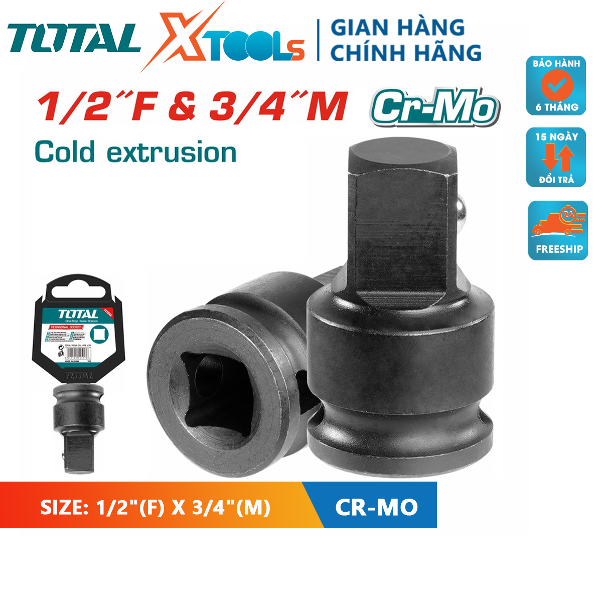 1/2 (f) x 3/4 square socket adapter (m) total