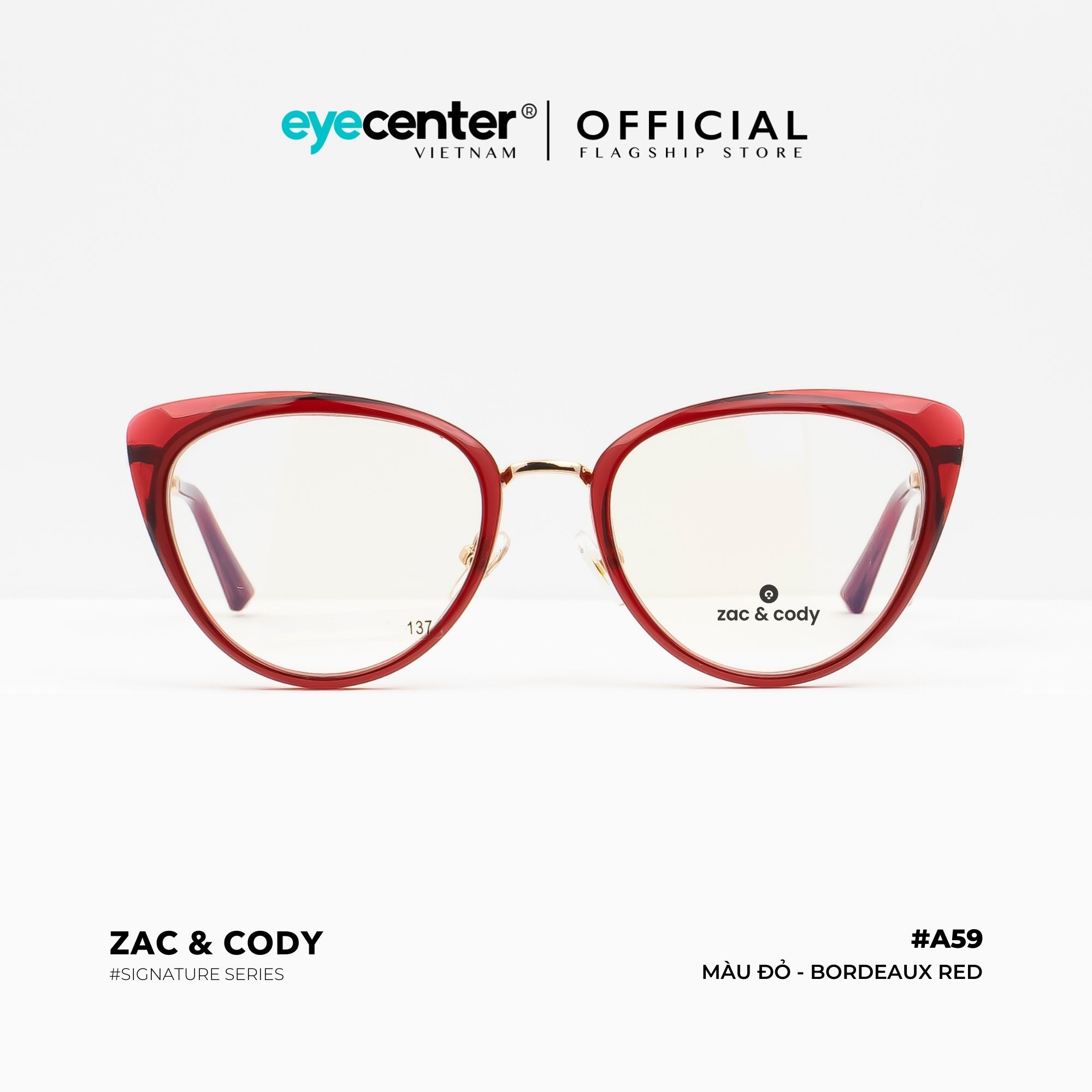 Gọng kính mắt mèo #A59 chính hãng ZAC & CODY kim loại chống gỉ khung viền nhựa dẻo nhập khẩu by Eye Center Vietnam