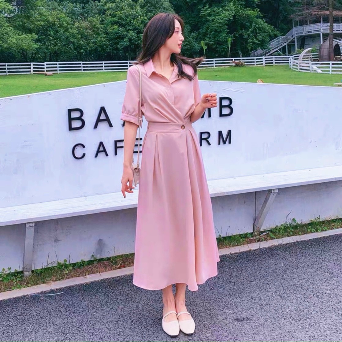 Đầm váy sơ mi nút eo tay ngắn 8 màu