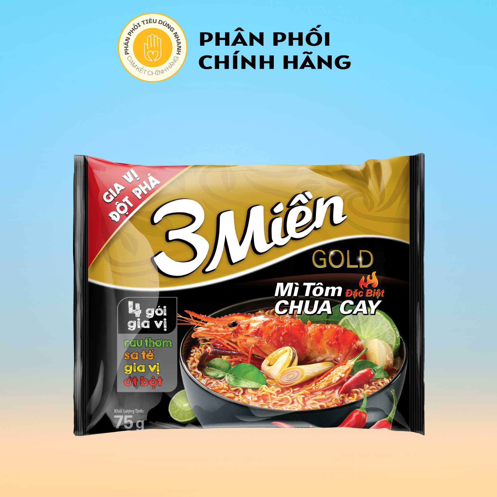 Gói mì ăn liền 3 miền gold vị tôm chua cay đặc biệt 75g