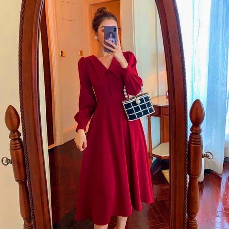 Đầm cổ vest nút bọc 2 màu