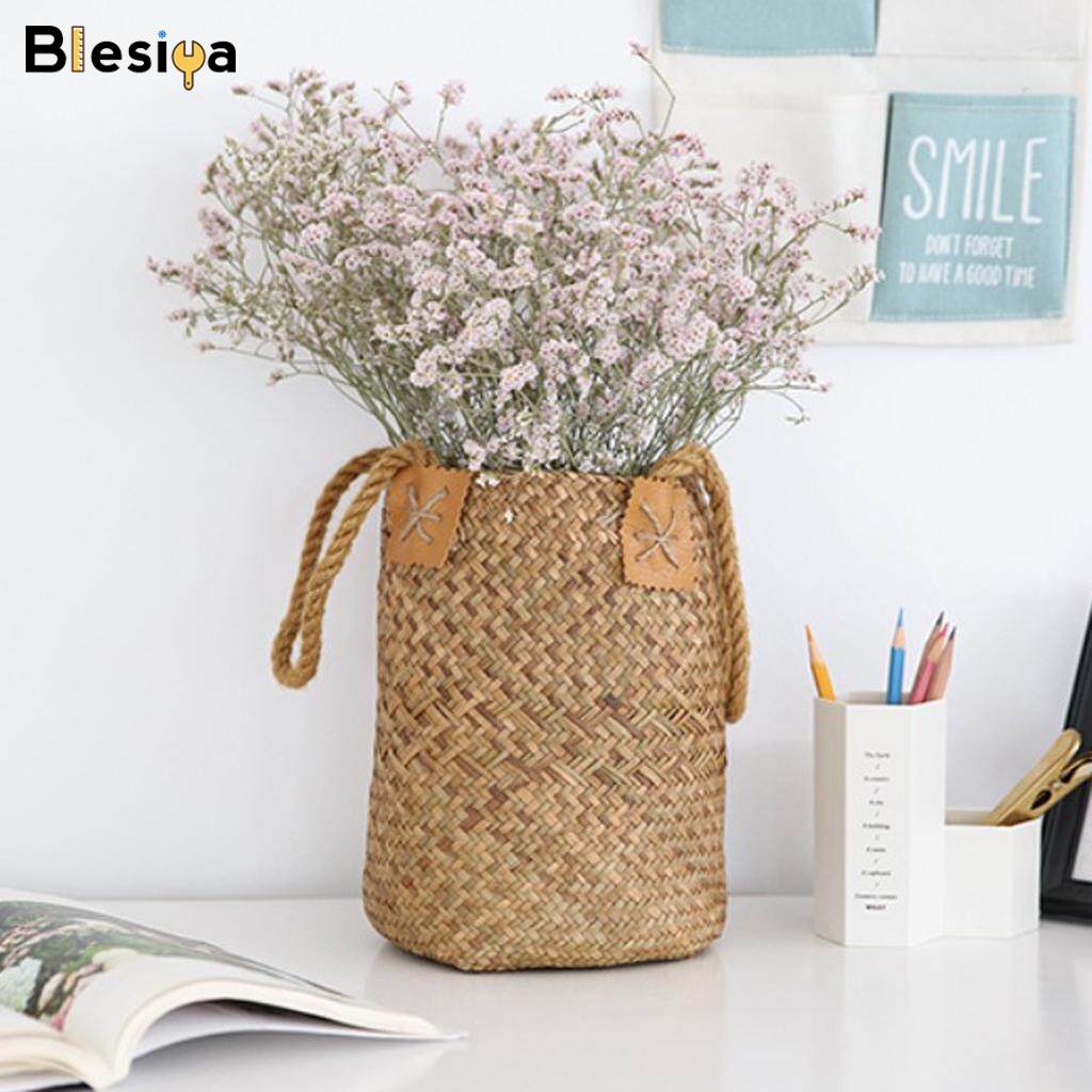 Blesiya Natural Grass Woven Rattan Wicker Basket Garden Flower Vase Pot Holder