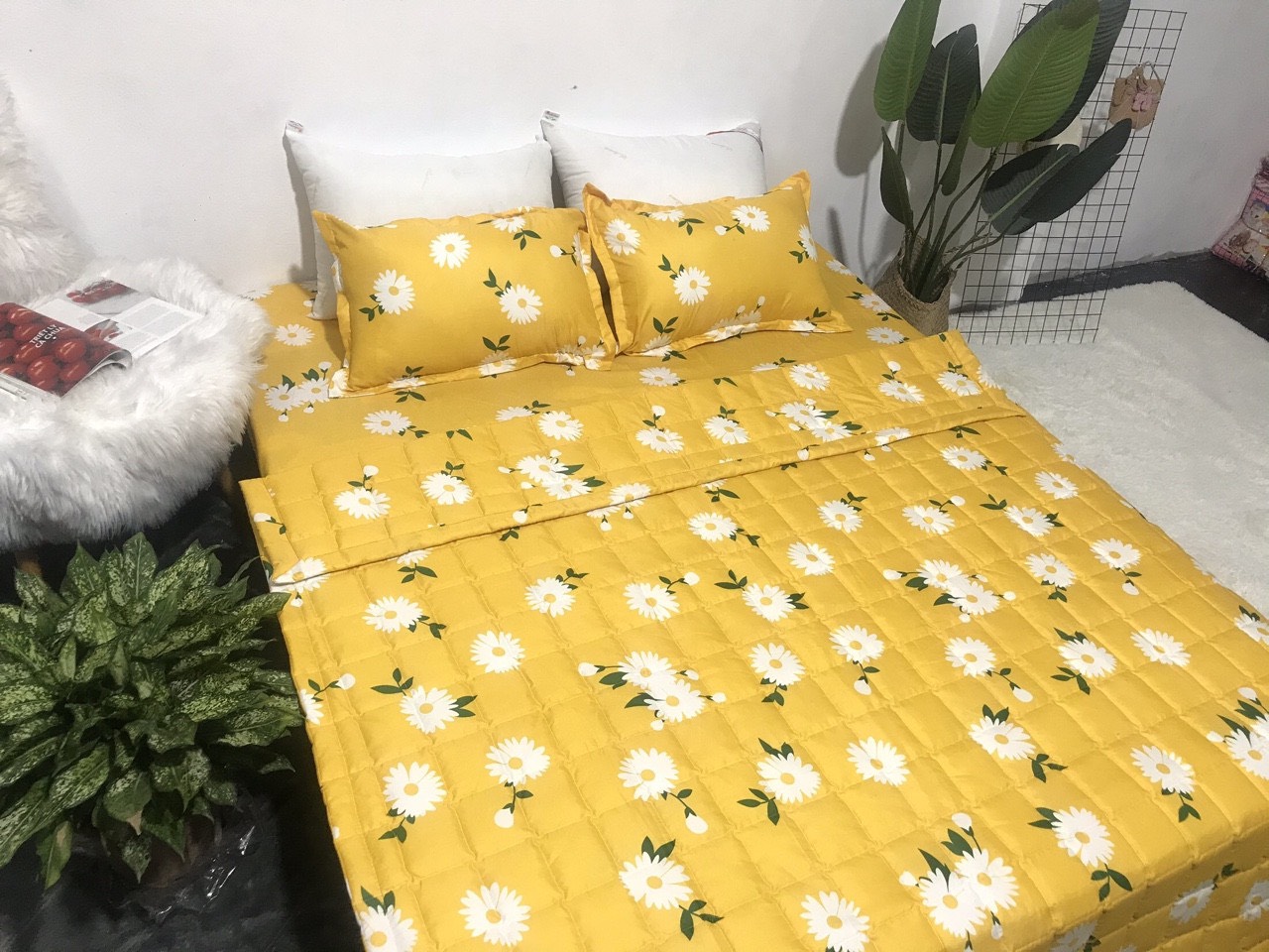(FreeShip MAX) Chăn hè thu trần bông 3 lớp cotton poly 1m8x2m mẫu cúc họa mi vàng Kovico Kho chăn ga gối, ga giường, drap giường hà nội