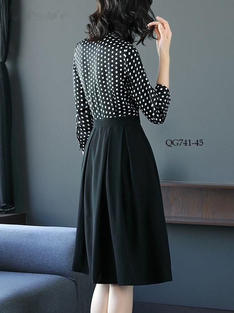 QG741 -ĐẦM XÒE PHỐI CHẤM BI THẮT NƠ - SIZE S-6XL