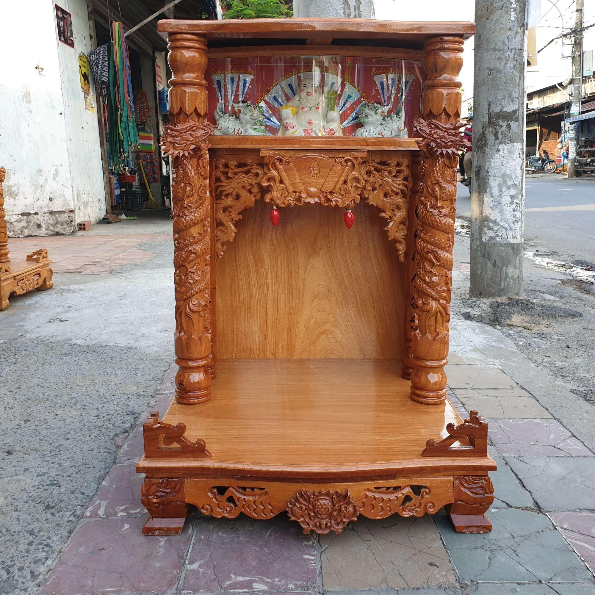 Bàn thờ thần tài ông địa gỗ căm xe mặt gỗ gõ đỏ ngang 60 cm