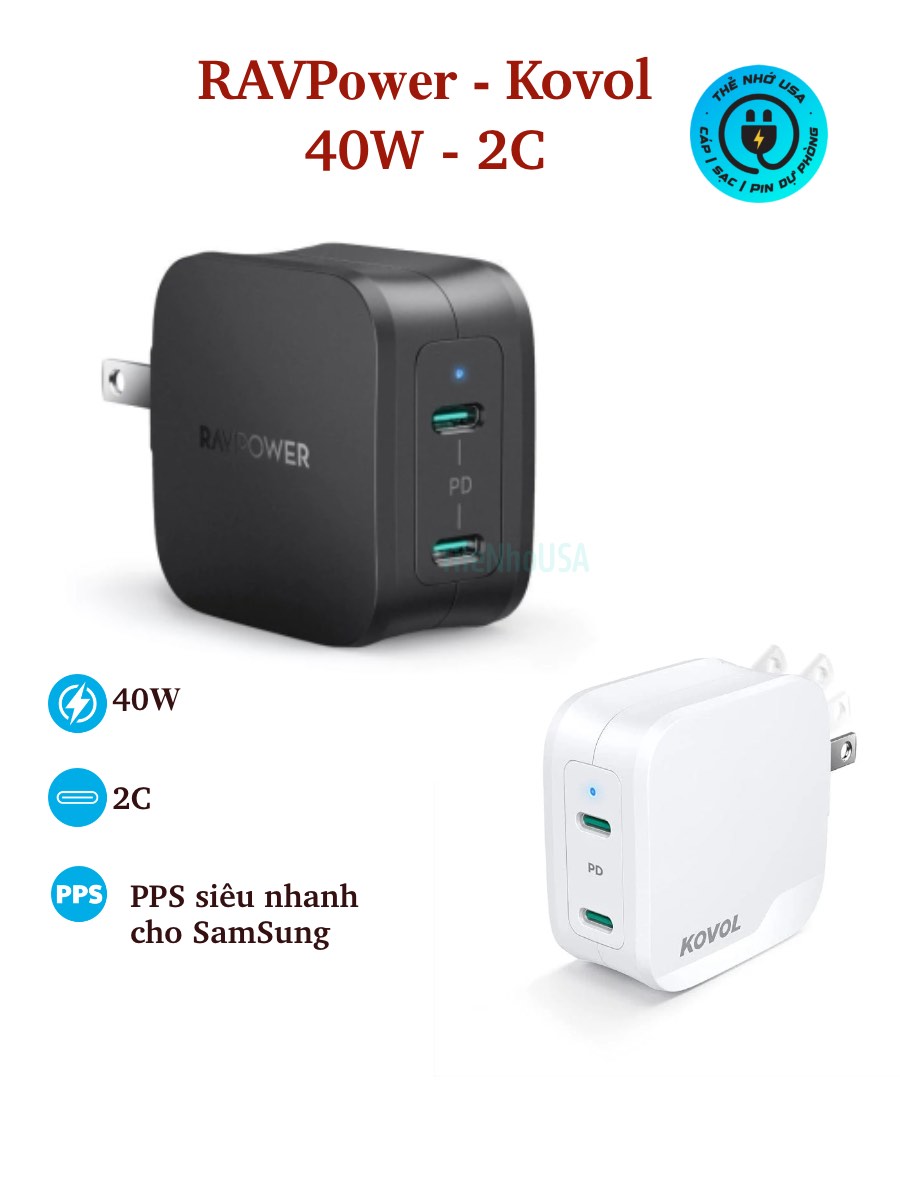 Củ sạc nhanh RAVPower - Kovol 40w - 2 cổng type C - PD/PPS/QC RP - PC152