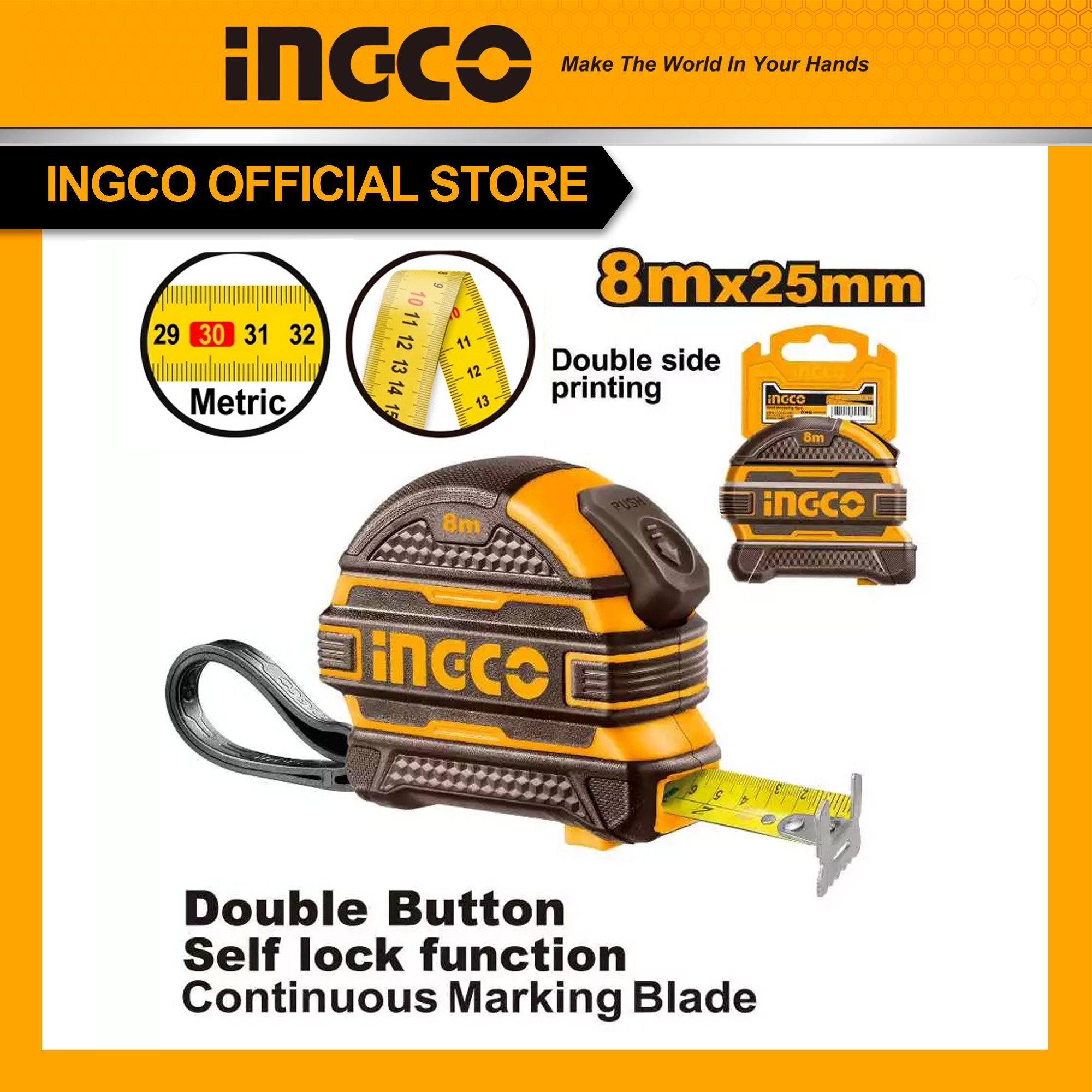 Thước đo tự hãm INGCO 5m*25mm HSMT08525-1 | 8m*25mm HSMT08825-1 hệ đo lường Mét (m)