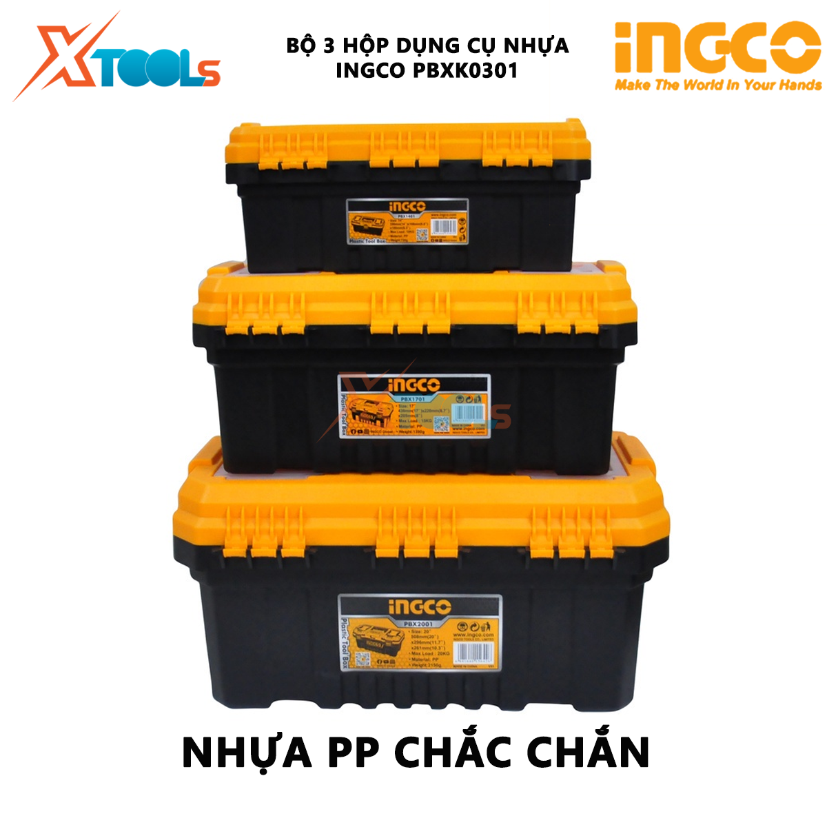Bộ hộp đựng dụng cụ 3 cái bằng nhựa INGCO PBXK0301 | Bộ 3 thùng đựng đồ nghề hộp dụng cụ bằng nhựa 14”, 17”, 20” chất liệu polypropylene chứa các thiết bị, đồ nghề [CHÍNH HÃNG] [XTOOLs]