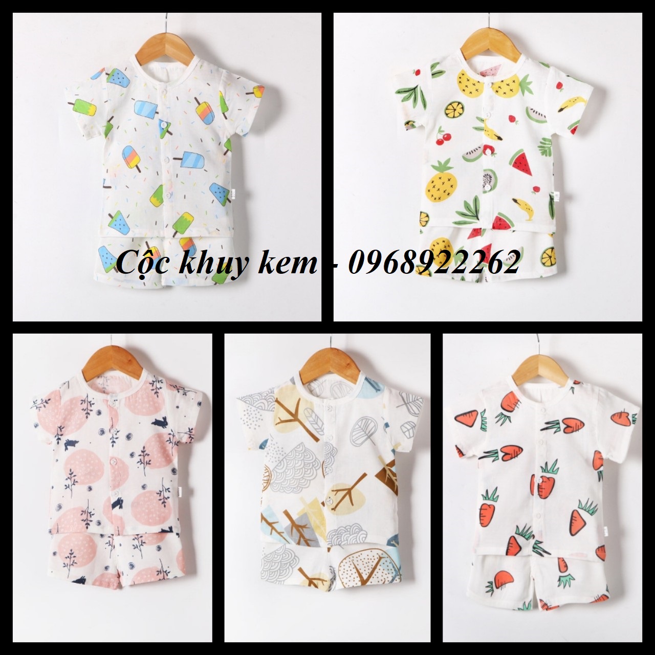 Set 5 bộ cộc kem cài khuy giữa cho bé từ 3-14kg