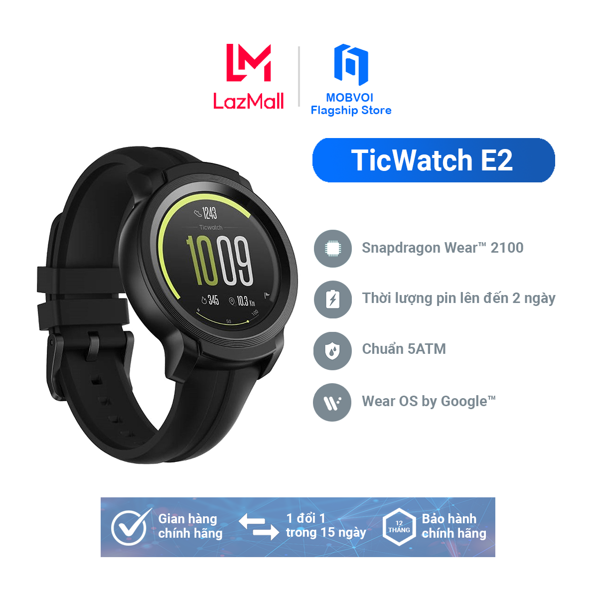 [TRẢ GÓP 0%] Đồng hồ thông minh Ticwatch E2 - Hàng chính hãng