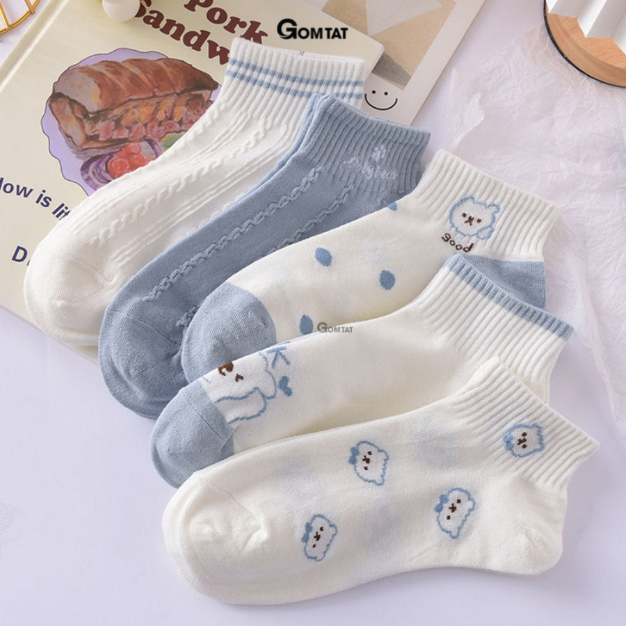 Set 5 đôi vớ cổ thấp nữ GOMTAT hoạ tiết dễ thương, chất liệu cotton dày dặn êm ái, ôm chân không bó chặt - CB089