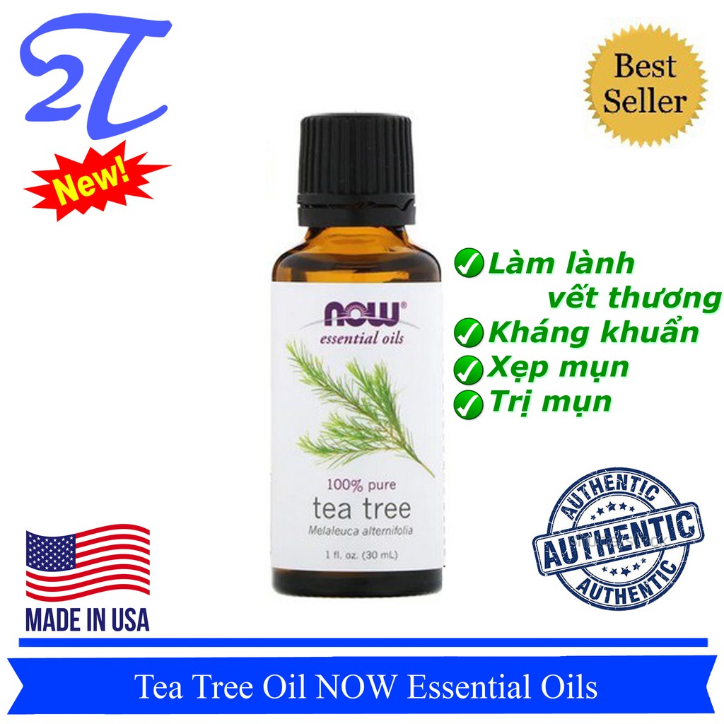 Tinh dầu tràm trà Tea Tree Oil NOW Foods Essential Oils Solutions 30mL dưỡng da mờ mụn sẹo côn trùng rửa mặt xông mặt