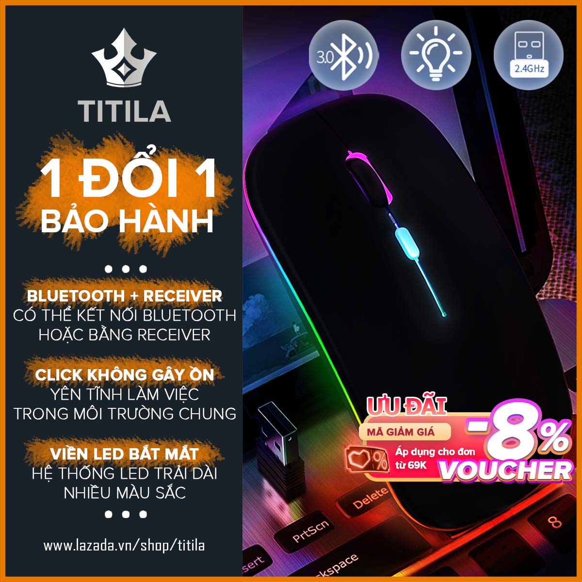Chuột không dây Bluetooth K2 Click Không Gây Tiếng Ồn, Khoảng Cách Tín Hiệu đến 15-20m, Sạc 1 lần dùng được đến Tuần