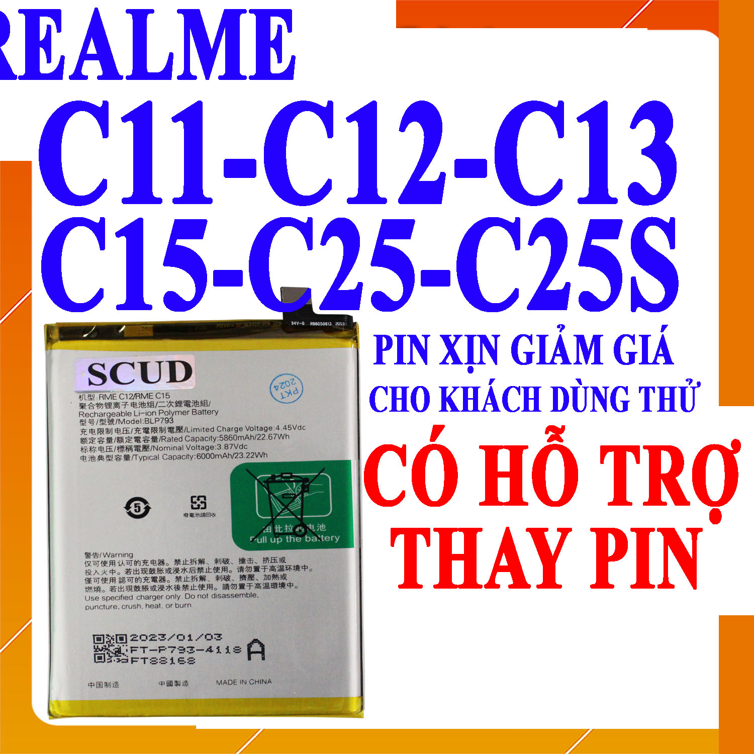 Pin Scud cho Oppo Realme C11, Realme C12, Realme C13, Realme C15, Realme C25, Realme, Realme 25S, Narzo 20 - BLP793 6000mAh (Trắng)