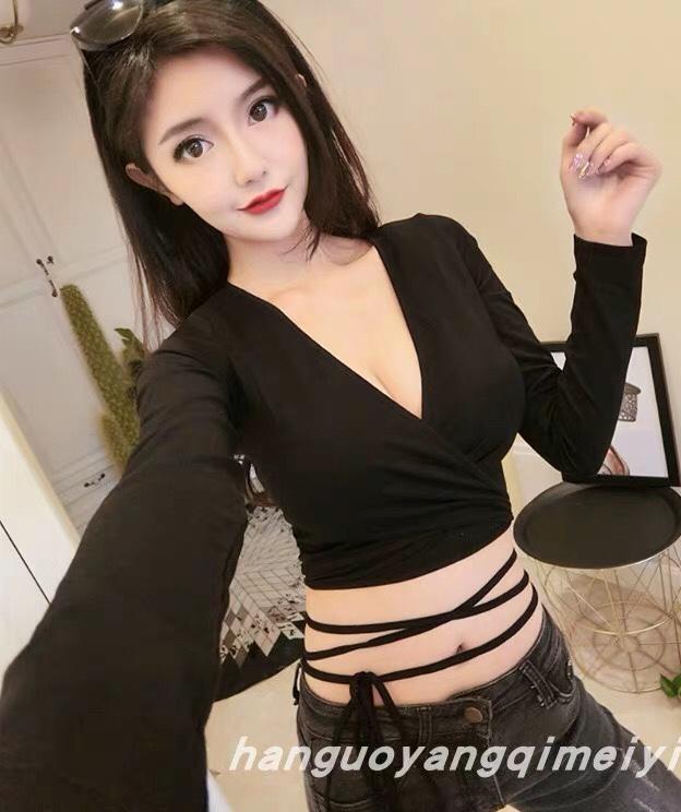 Áo thun tay dài cổ V form body croptop thắc dây bụng quyến rũ TTS0233