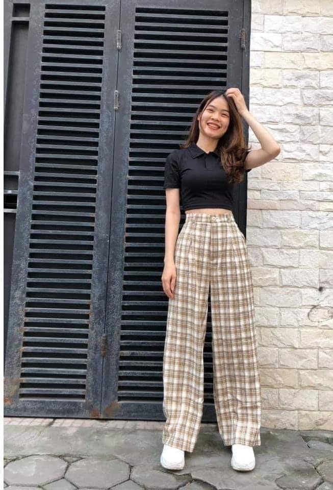 ( ẢNH THẬT) QUẦN BAGGY VẢI ỐNG RỘNG KẺ CARO XANH RÊU CẠP CAO DÁNG DÀI HÀN QUỐC, LEVERMART