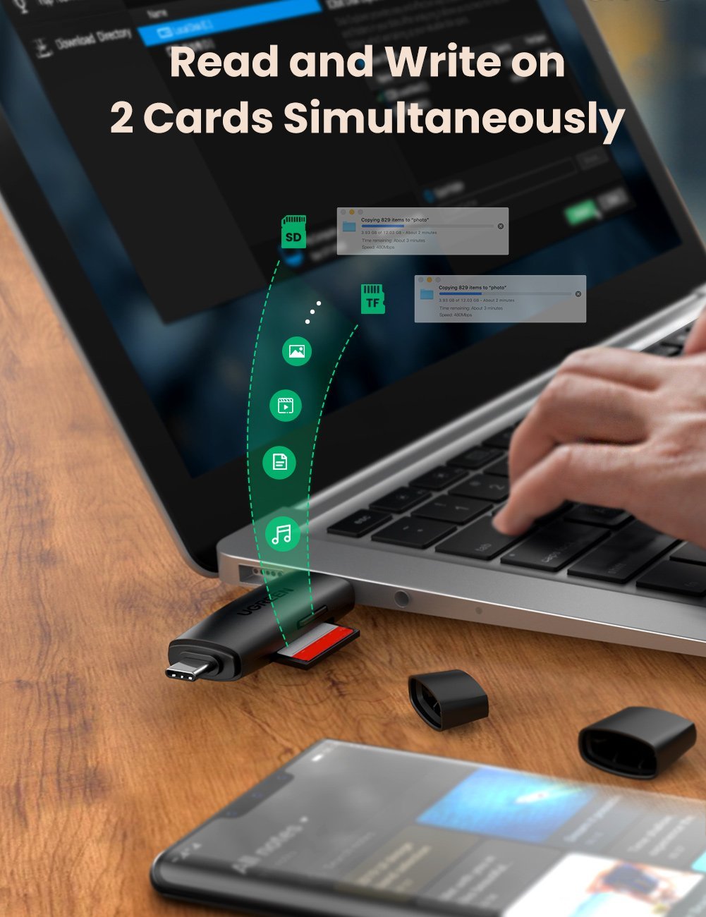 Đầu Đọc Thẻ Ugreen 2 in 1 USB 3.0 Type C , Card Reader TF SD 80191