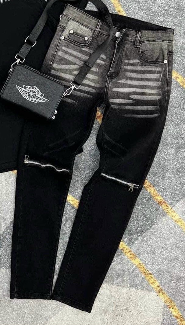 Quần jean Nam dài vá gối rách nhẹ quần chất bò co giãn màu đen trơn mẫu mã đẹp KAYSTORE