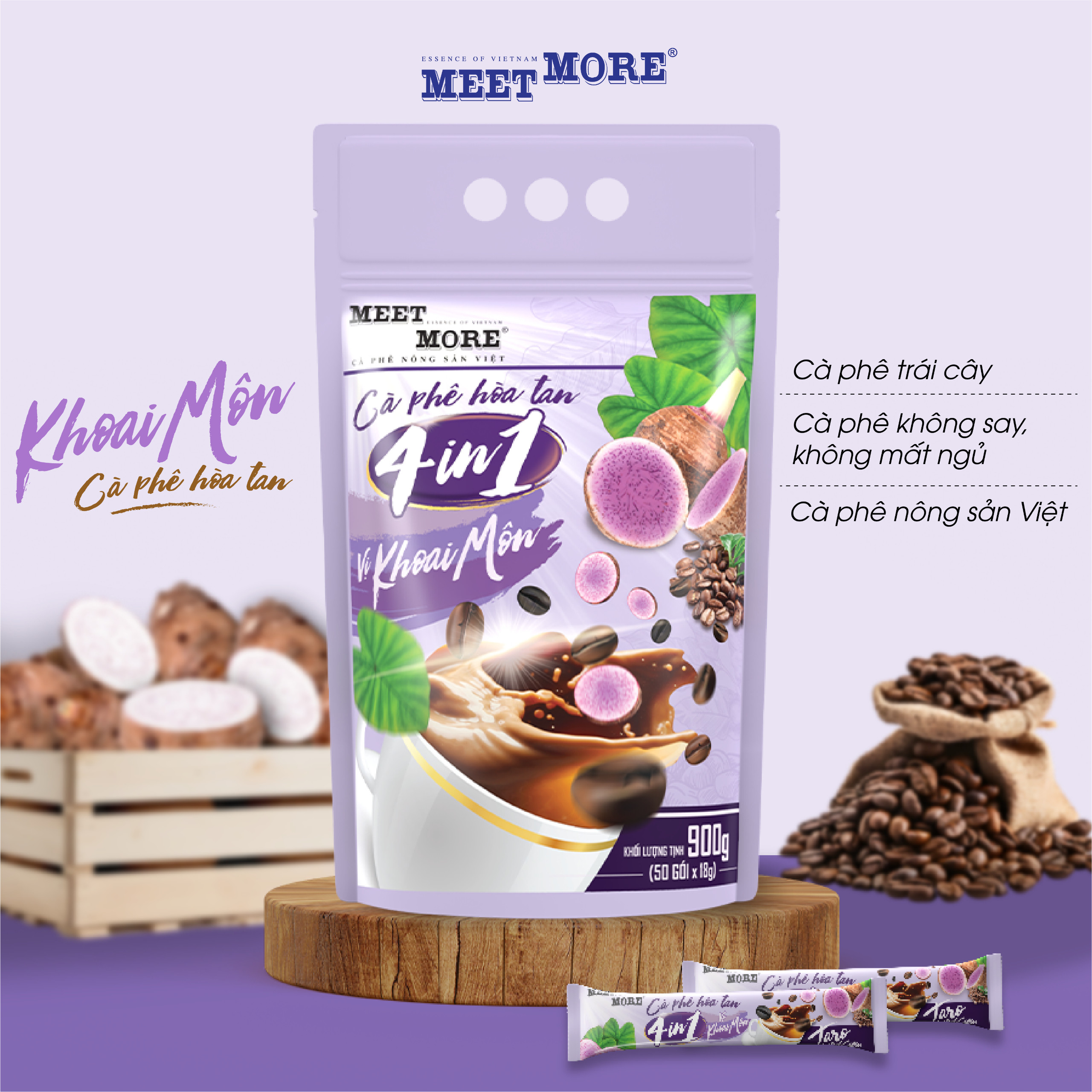 Bịch Cà Phê Hòa Tan 4in1 Vị Khoai Môn Meet More (50 gói x 18g) - Cà phê nông sản Việt
