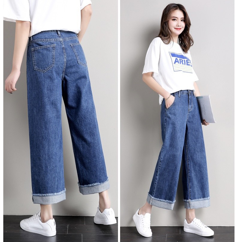 QUẦN JEAN SUÔNG ỐNG TO RỘNG TUA LAI 9 TẤC TRƠN ĐƠN GIẢN - MoliJeans