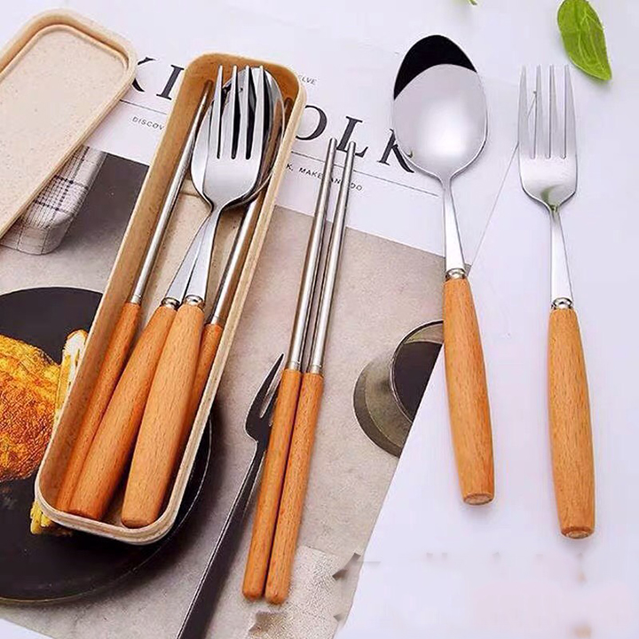 Bộ thìa - đũa - dĩa inox có hộp đựng bằng nhựa lúa mạch bảo vệ môi trường