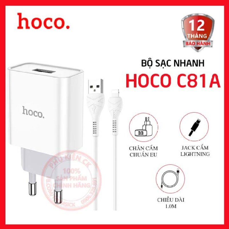 Bộ sạc nhanh Hoco C81A 1 cổng USB 2.1A kèm cáp Lightning dài 1m