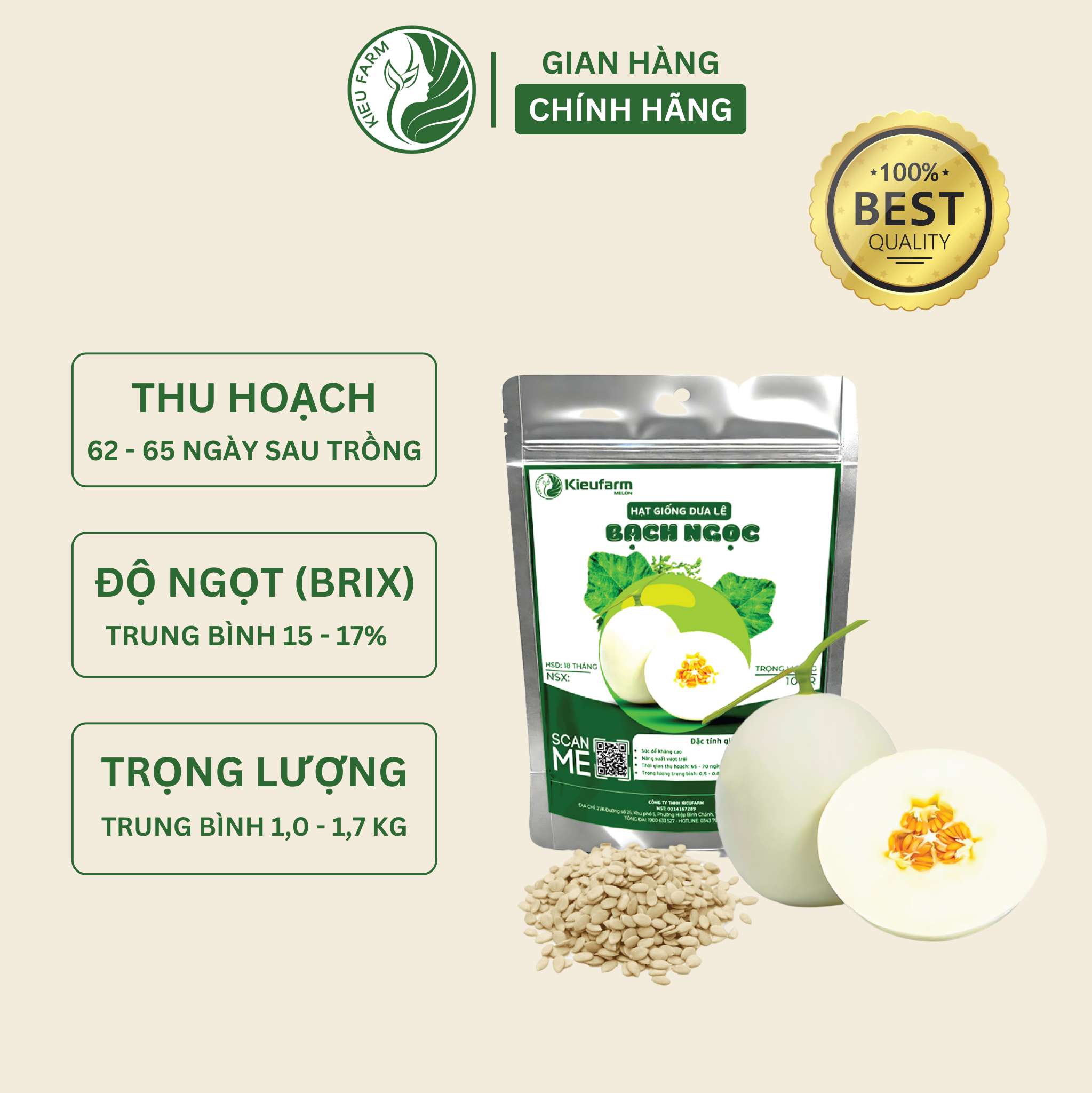 Hạt giống dưa lê Bạch Ngọc Ngọt Thanh, Ruột Trắng_KIEUFARM