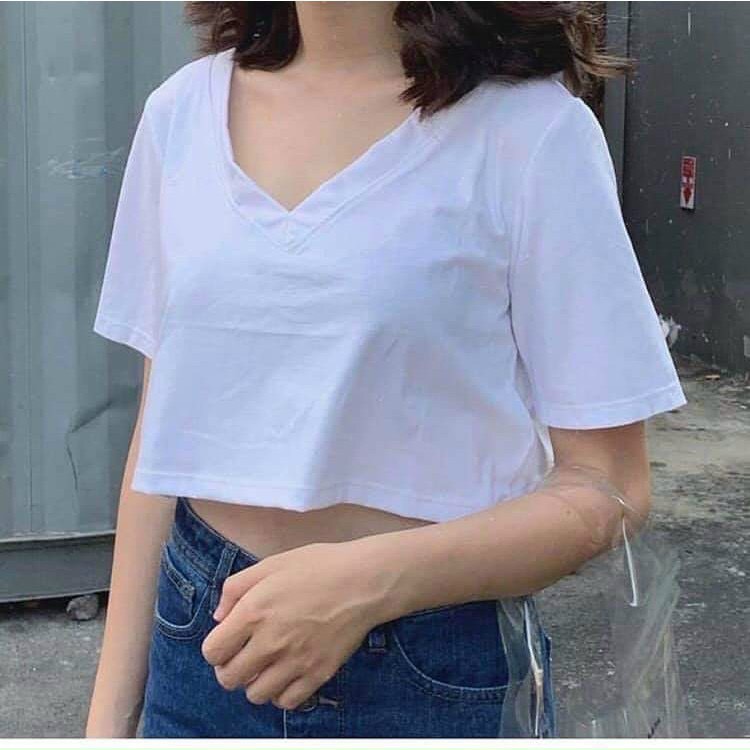 Áo thun nữ trơn from croptop cổ tim cá tính siêu hot