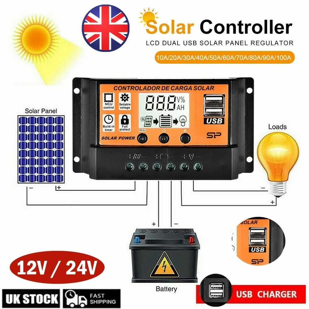 100A LCD PWM Bảng điều khiển năng lượng mặt trời Bộ điều chỉnh sạc Bộ điều khiển sạc USB kép