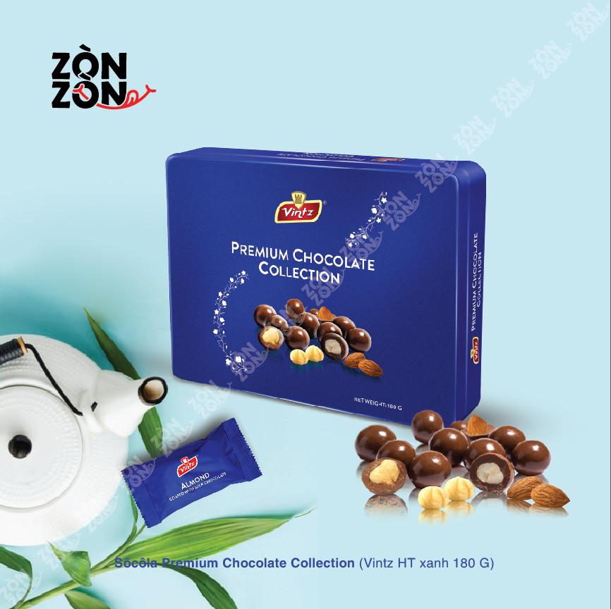 [SÔCÔLA HẢO HẠNG NHẬP KHẨU MALAYSIA] Vintz (3 vị: Socola đen Tiramisu Hạt hạnh/Socola sữa Hạt hạnh & hạt phỉ/Socola Premium chocolate collection) ZÒN ZÒN, hộp thiếc 180g, QUÀ TẶNG