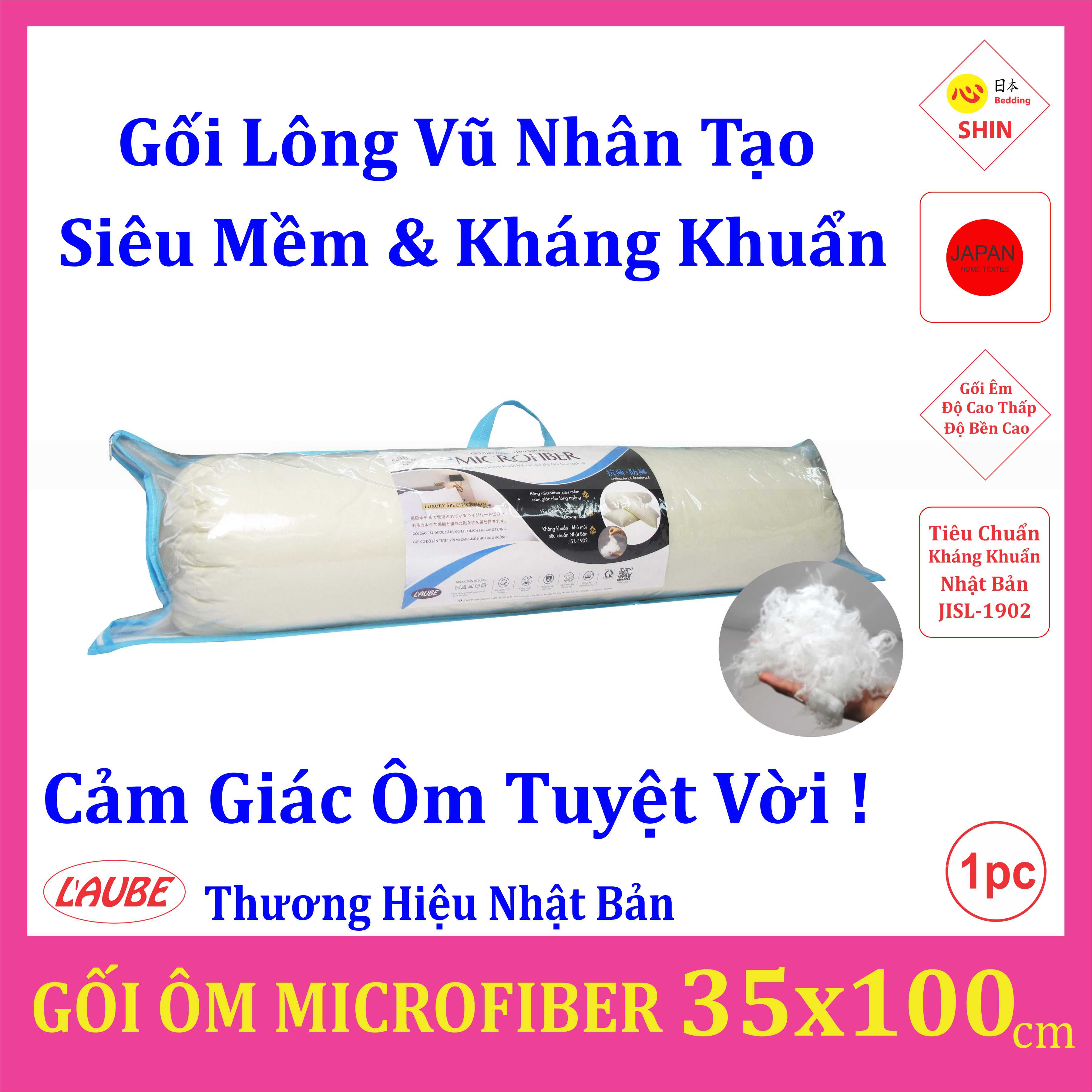 Gối ôm siêu mềm Microfiber Laube Kháng Khuẩn  35x100cm