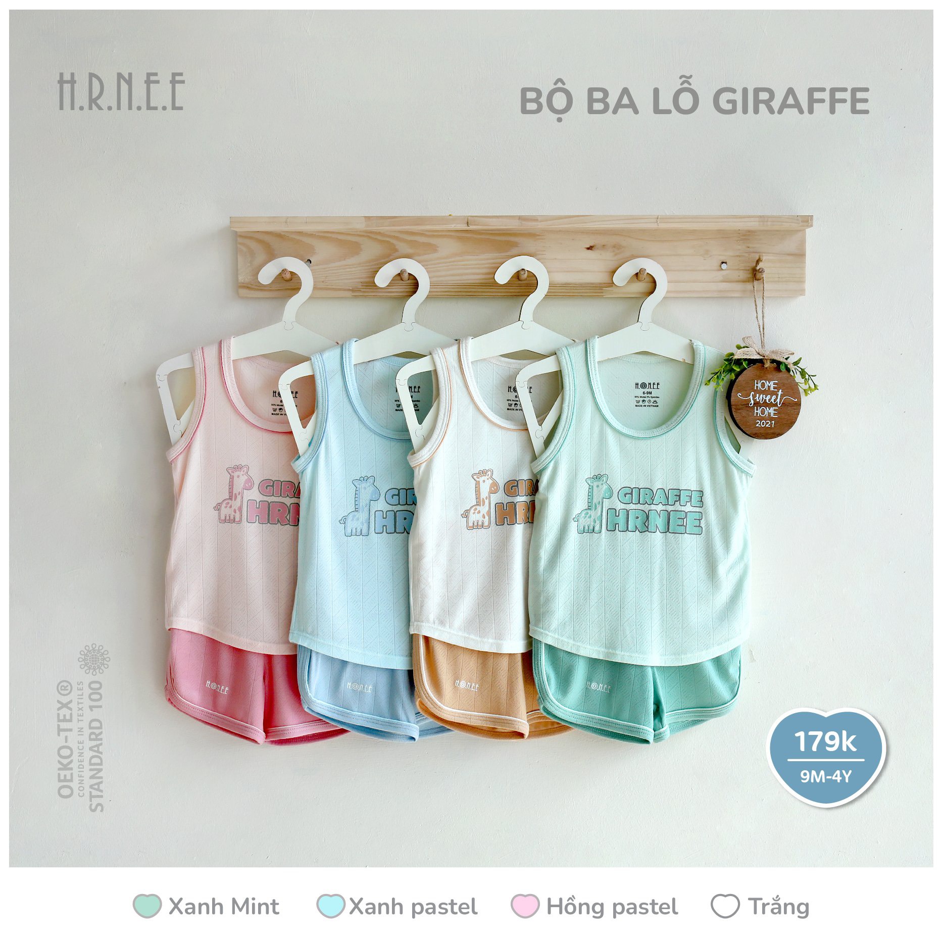 Bộ ba lỗ modal gỗ sồi Hrnee cho bé 9m - 4Y