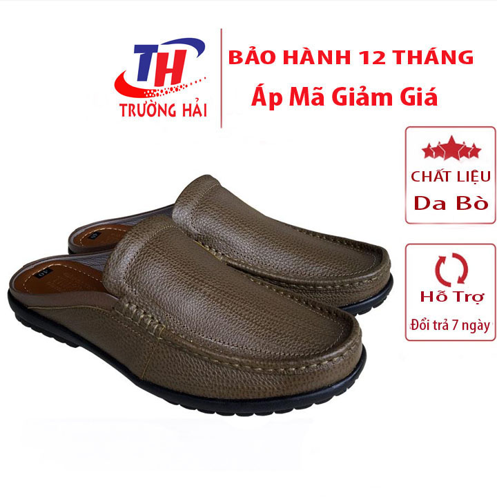 Dép nam bít mũi da bò  xanh rêu Trường Hải đế cao su may chắc chắn