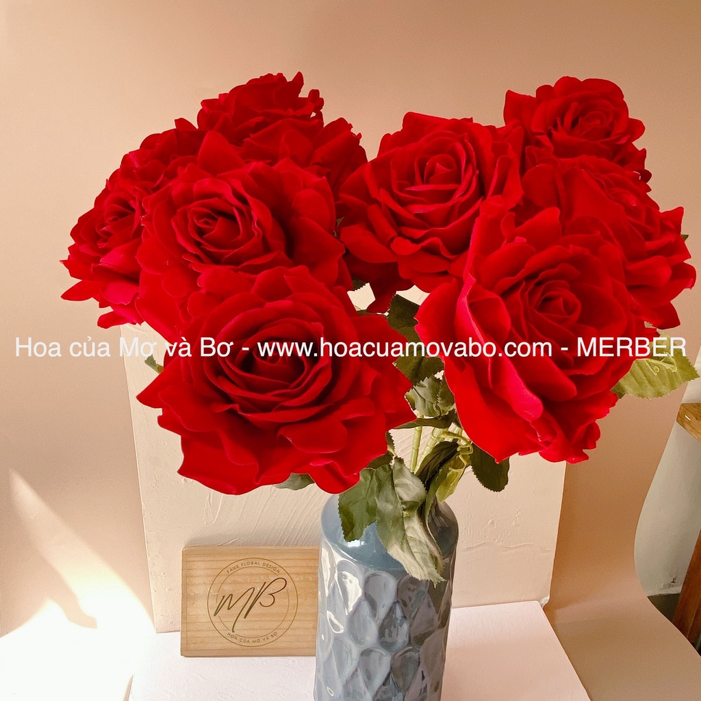 Cành hoa hồng nhung lụa cao cấp merber bông 12cm cành dài 70cm - bông hồng giả phù hợp làm đồ decor trang trí nhà cửa