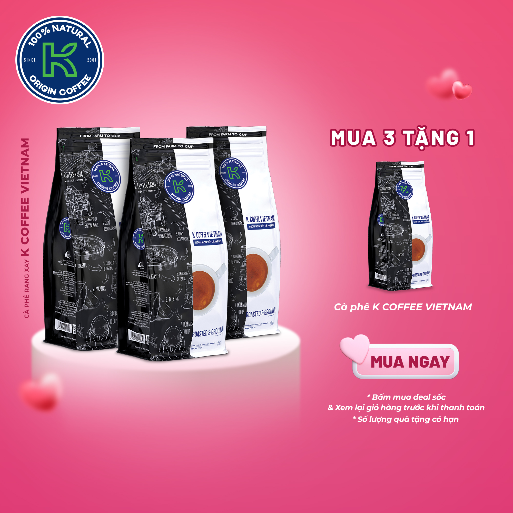 [MUA 3 TẶNG 1] Cà Phê Rang Xay Nguyên Chất K Coffee Vietnam 454g (10% Arabica và 90% Robusta) - Thương Hiệu K COFFEE