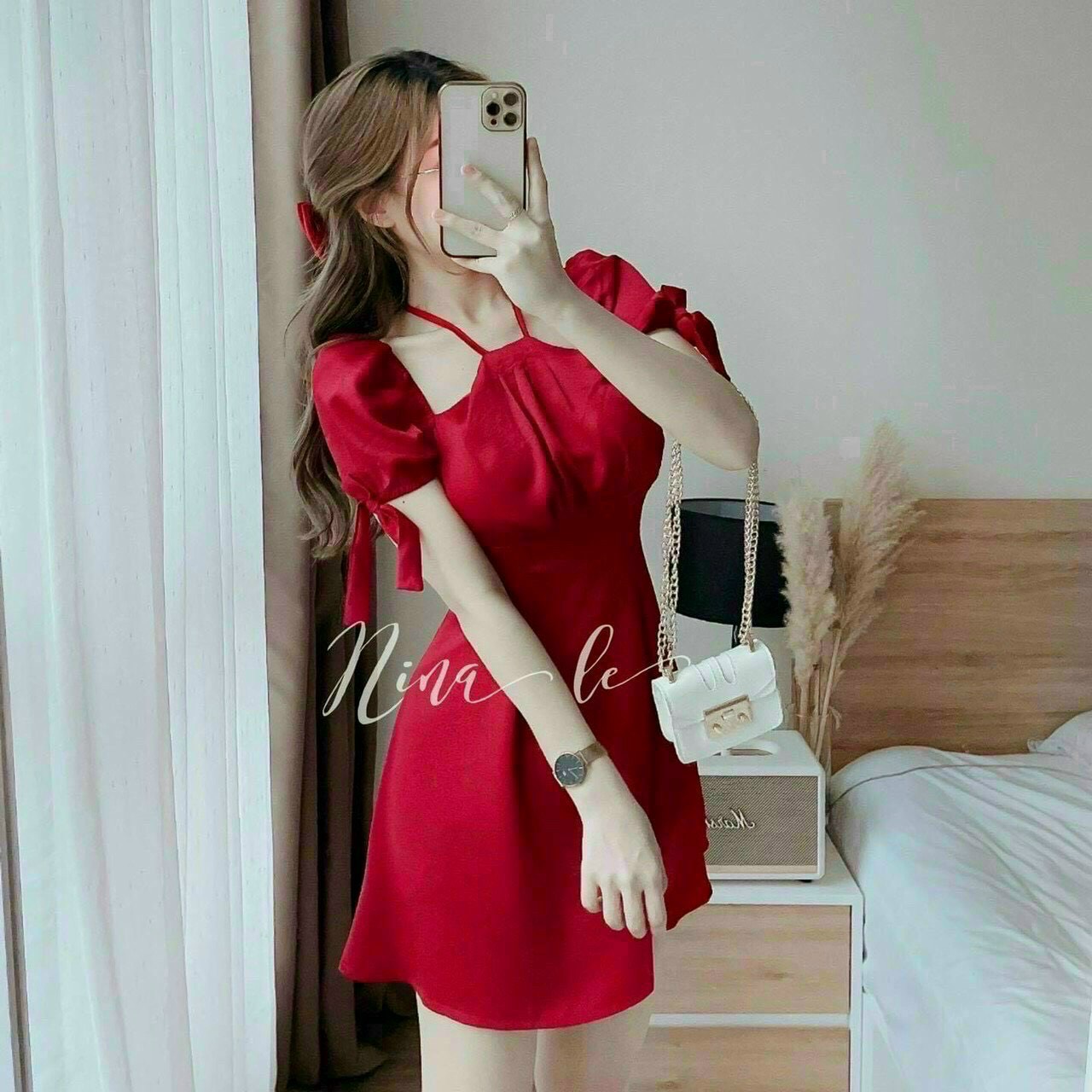 Váy đầm nữ cổ yếm tay cột nơ dẻ thương