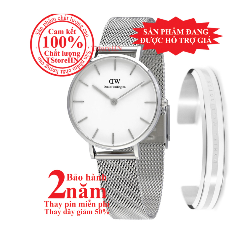 Set đồng hồ nữ Daniel Wellington Classic Petite Sterling 28mm (Mặt trắng) + Vòng tay D.W Bracelet - màu bạc (Silver)- DW00500428