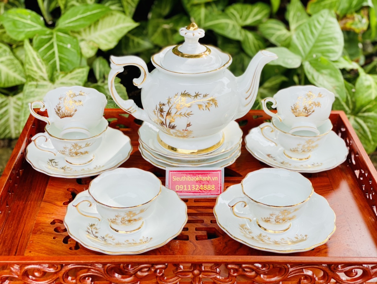 Gốm sứ Bát Tràng ấm chén họa tiết cây tre vàng