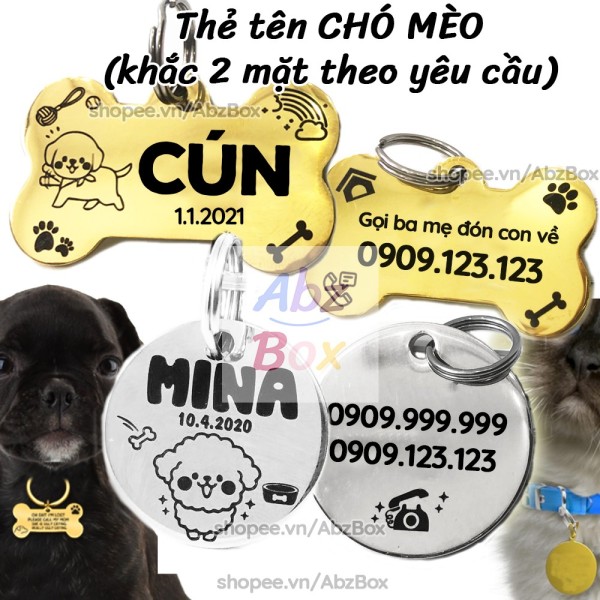 Thẻ tên cho Chó Mèo - Bảng tên cho thú cưng inox - Thẻ tên thú cưng Nhôm Pet Tag - Thẻ tên cho mèo Abz Box