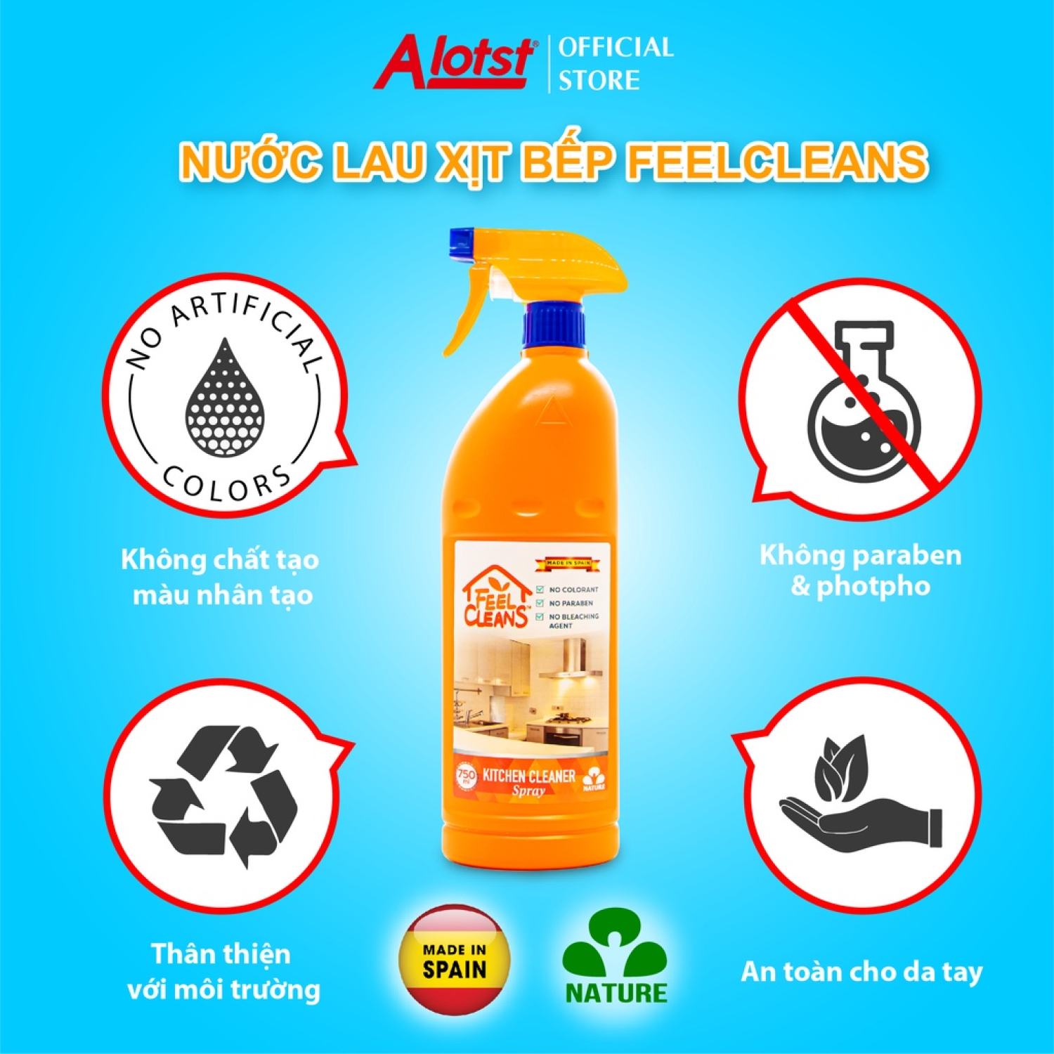 Nước lau xịt bếp FeelCleans 750ml Made in Spain