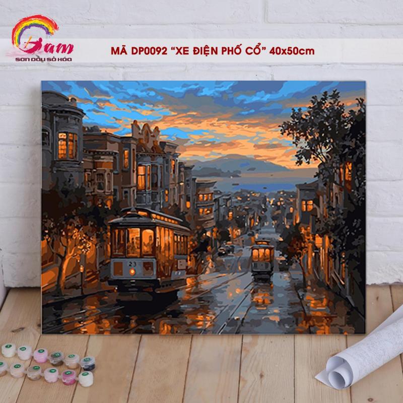 Tranh sơn dầu số hóa DIY tự tô màu Có khung Phong cảnh châu Âu- Mã DP0092 Xe điện phố cổ Tranh Trang trí Phòng khách Làm quà tặng Giảm Stress