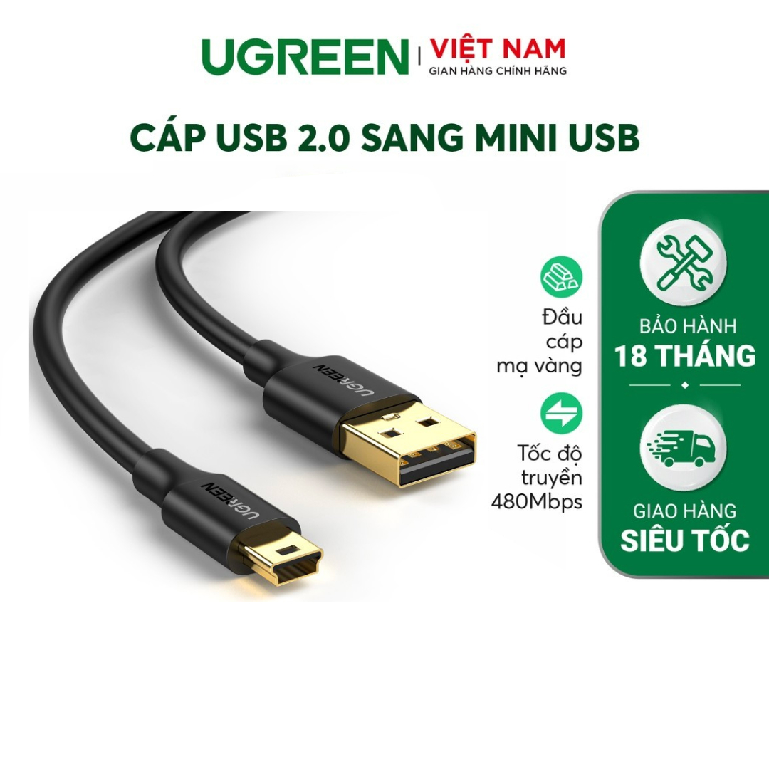 Dây USB 2.0 sang Mini USB mạ vàng dài 0,5M UGREEN US132 10354 - Hãng phân phối chính thức