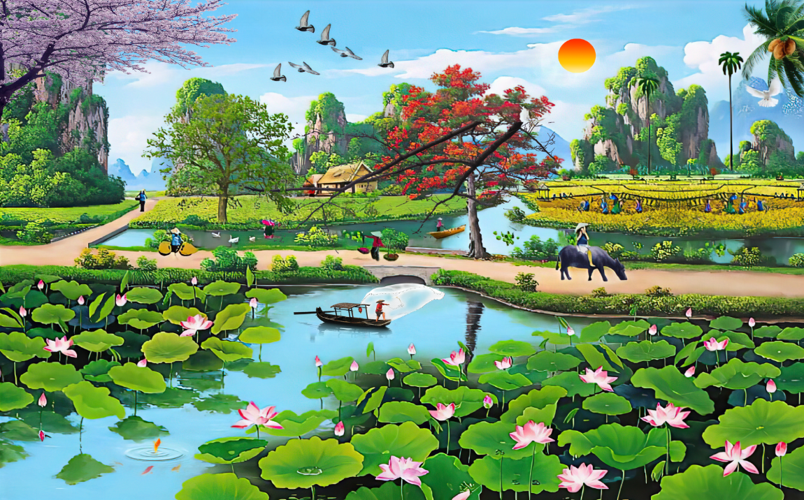 [Deal quà tặng] Tranh dán tường 3d đồng quê thiên nhiên hữu tình