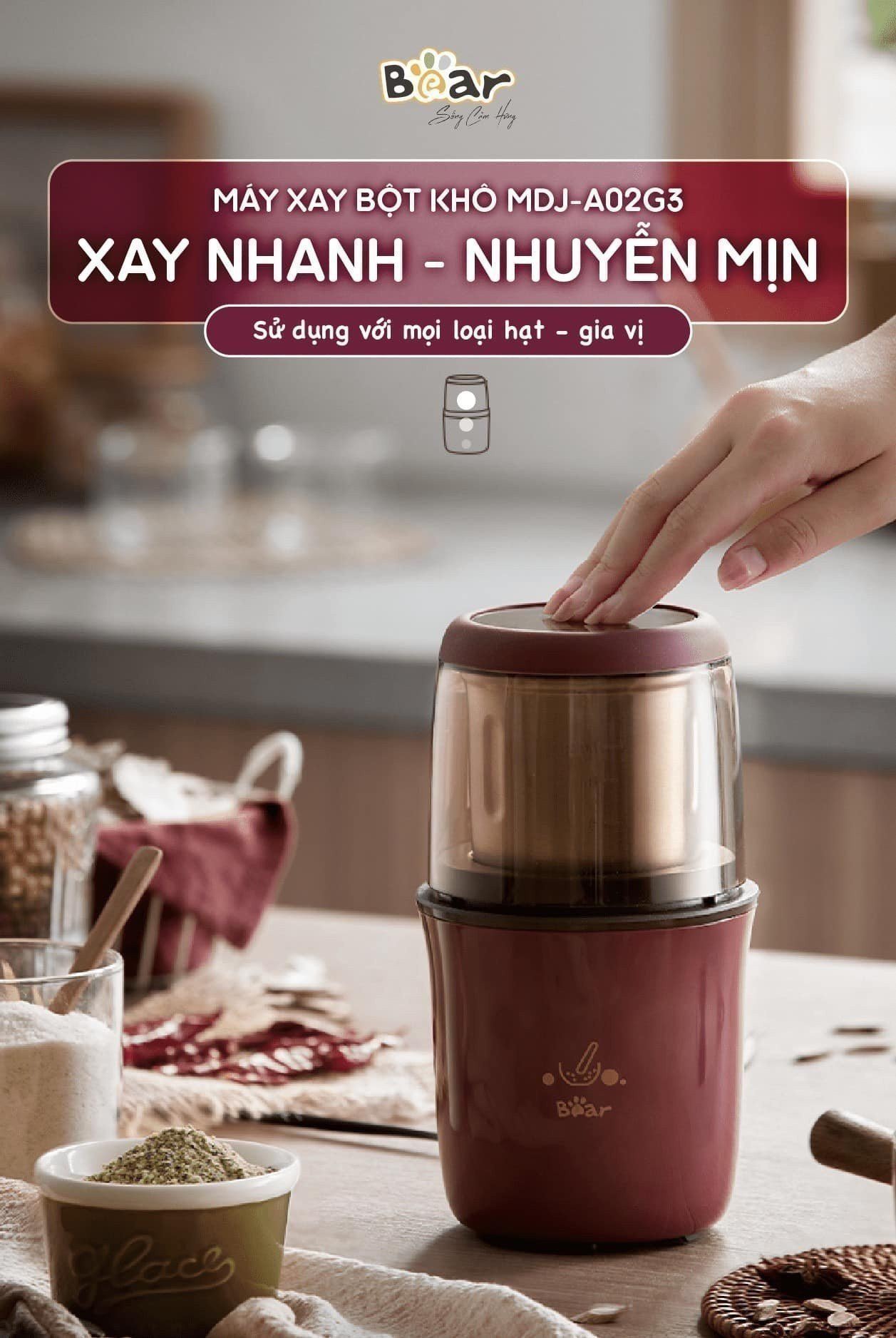 Máy xay bột khô Bear MDJ-A02G3 (Xay hạt ngũ cốc, xay cà phê, vị thuốc, xay gia vị...)
