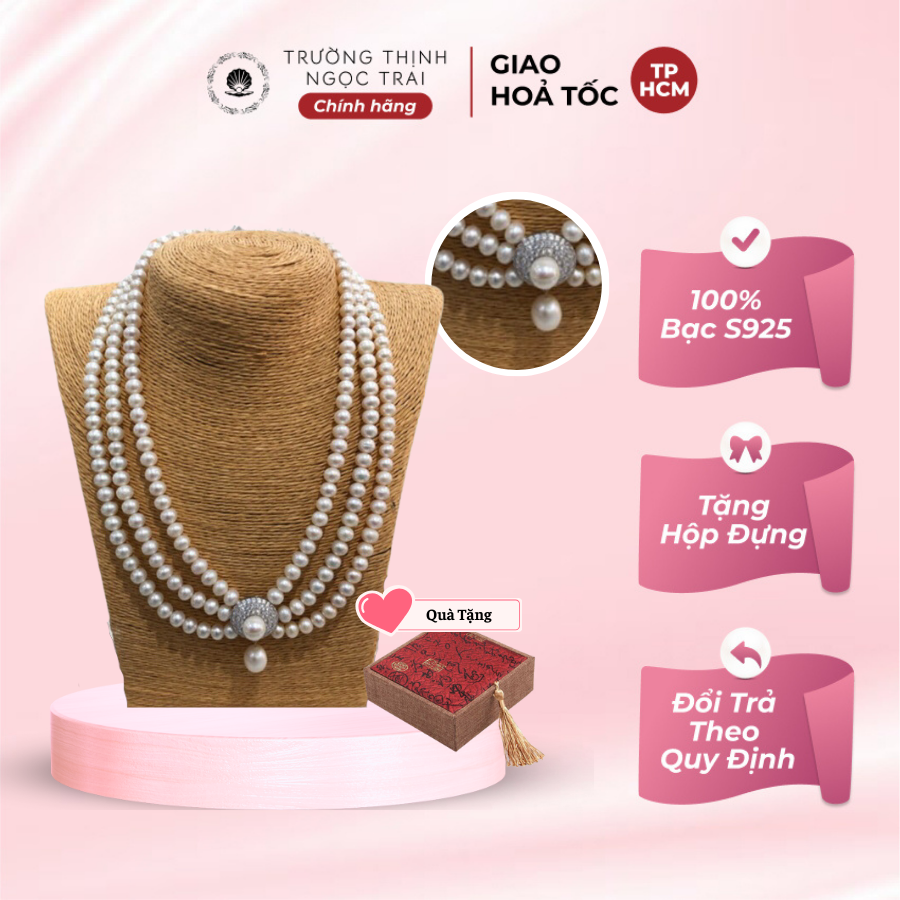 Chuỗi đeo cổ ngọc trai 3 tầng phụ kiện bạc size 7ly dây chyền 3 sợi dự tiệc sang trọng - trường thịnh ngọc trai