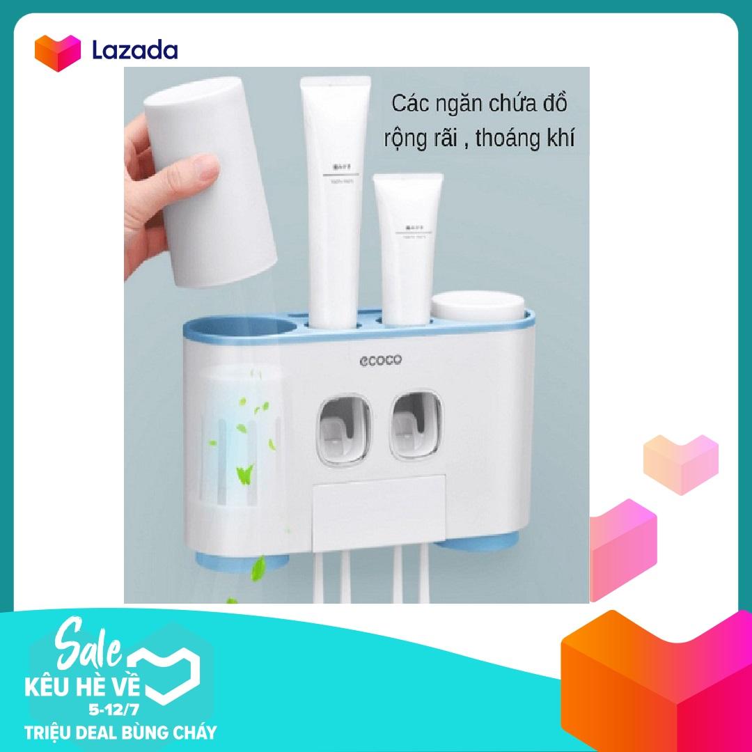 Bộ 2 nhả kem đánh răng ECOCO cao cấp kèm kệ để đồ phòng tắm kèm 4 cốc, bộ đẩy kem đánh răng tự động Ecoco kèm giá treo bàn chải